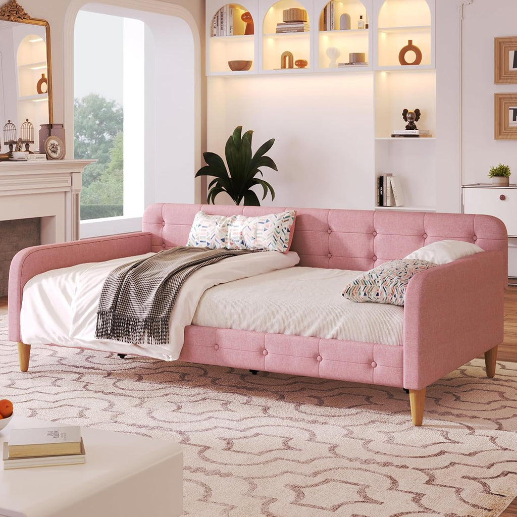 Merax 79' Twin Size Linen Upholstered Daybed with 4 Wood Legs, Pink