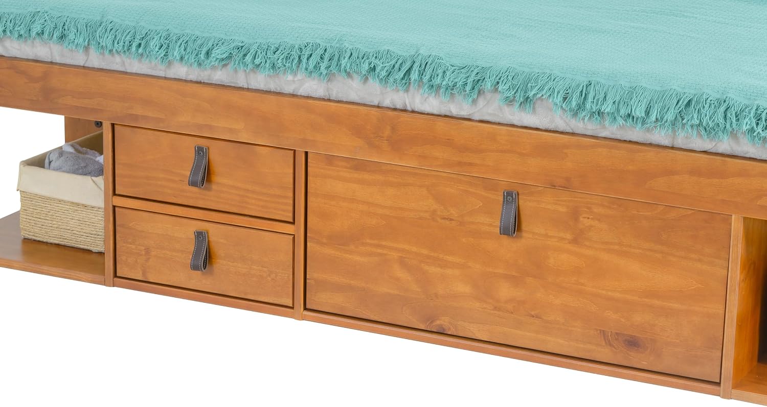 memomad Bali Bed - King Storage Platform Sturdy Wooden Frame with Drawers & More - Solid Pine - Noise Free - No Box Spring Needed - Slats Included (King Size, Oak Brown Wood)