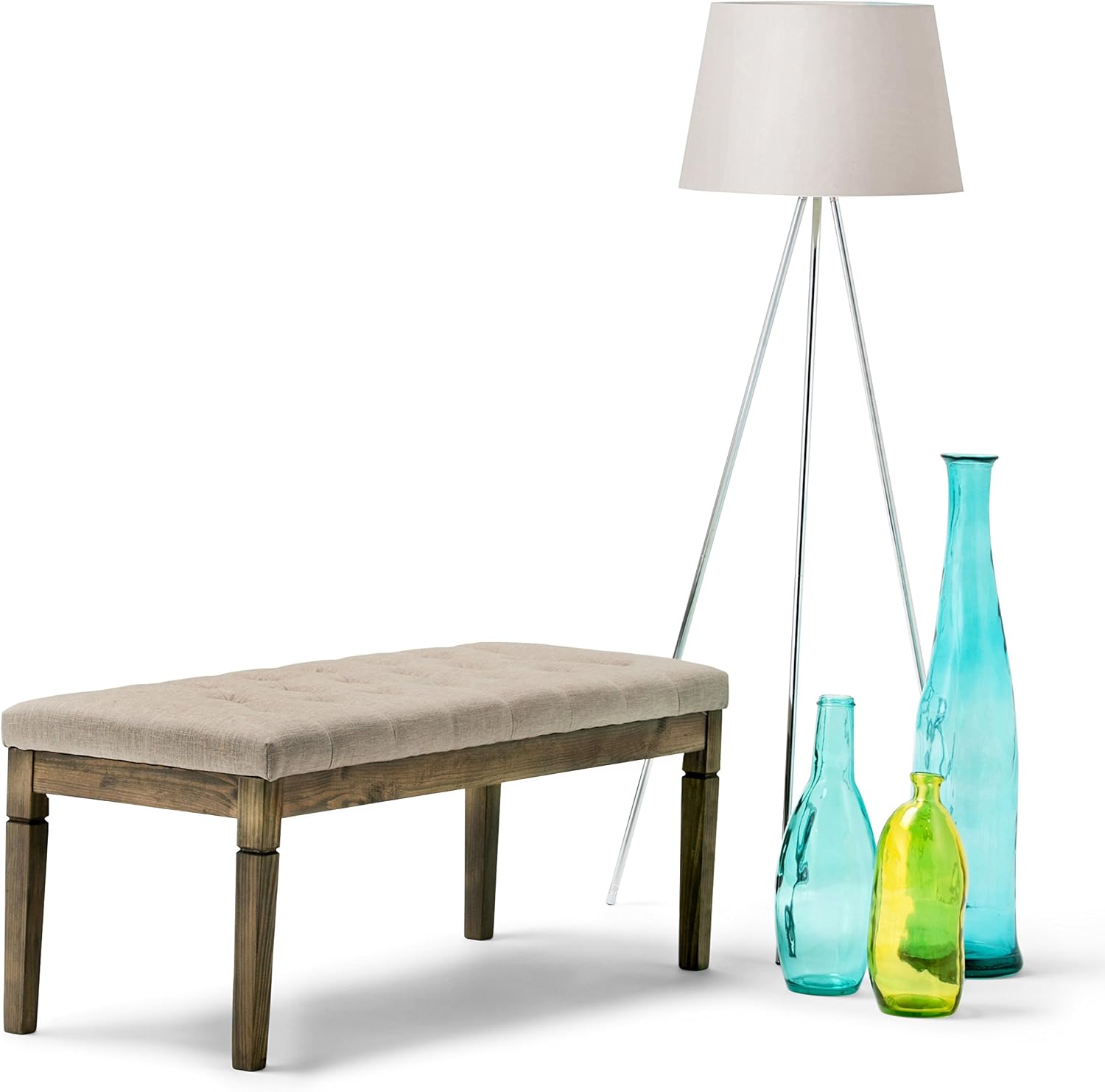 SIMPLIHOME Waverly Tufted Ottoman Bench - 48 inch Wide Upholstered Linen Look Fabric Rectangle Footstool Ottoman in Natural, Traditional Bench for Bedroom, Entryway or Living Room with Carved Legs
