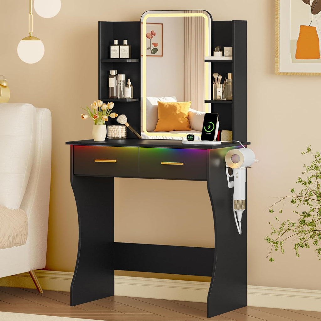 Vanity Desk with LED Lights Mirror & Power Outlet, Small Makeup Vanity Table Set with Storage Drawers, 3 Lighting Modes & Adjustable Brightness, Dressing Table for Women Girls Bedroom, Black(NO Stool)