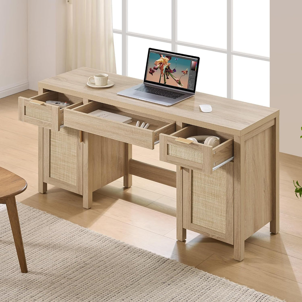 SICOTAS 52' Rattan Vanity Desk with Storage, Boho Farmhouse Makeup Dressing Table with 3 Drawers & 2 Cabinets, Wooden Home Office Desk for Bedroom, Light Oak