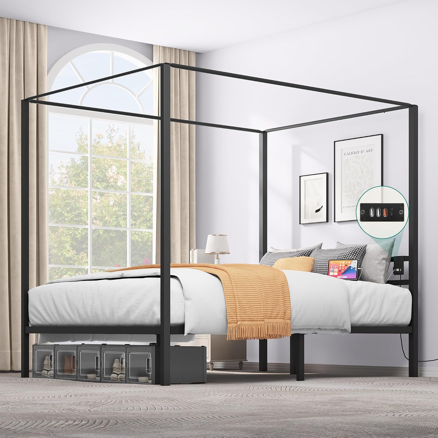 YITAHOME Canopy Bed Frame, Queen Size Metal Bed Frame with USB Charging Station, Four Poster Platform Bed with Metal Slats Support, 12.4 inch Storage Beneath Bed, No Box Spring Needed, Black