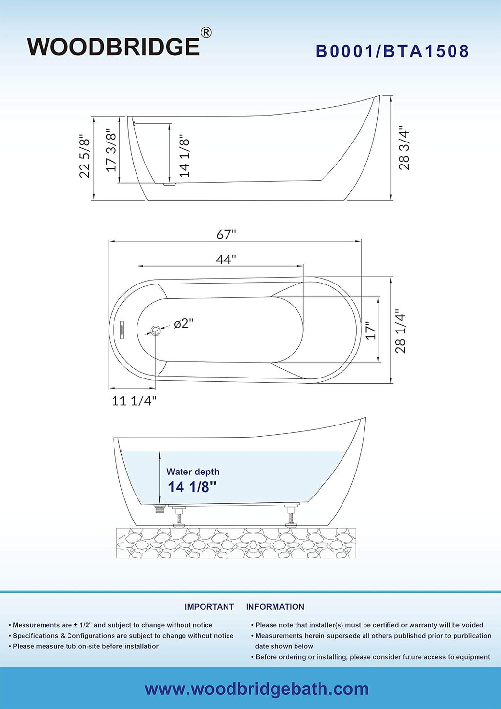 WOODBRIDGE 67' Acrylic Freestanding Bathtub Contemporary Soaking White Tub with Oil Rubbed Bronze Overflow and Drain,BTA1508-ORB