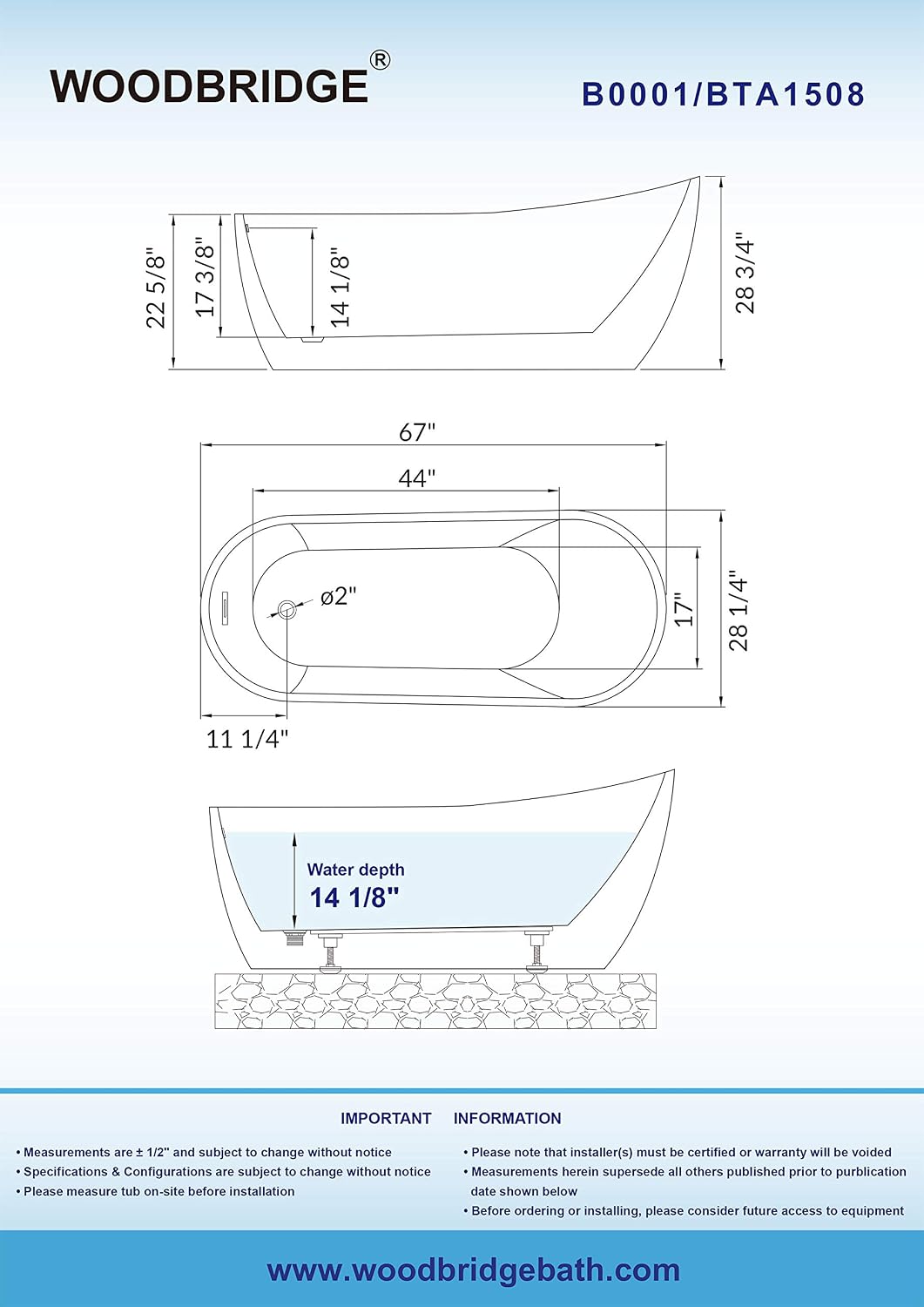 WOODBRIDGE 67' Acrylic Freestanding Bathtub Contemporary Soaking White Tub with Oil Rubbed Bronze Overflow and Drain,BTA1508-ORB