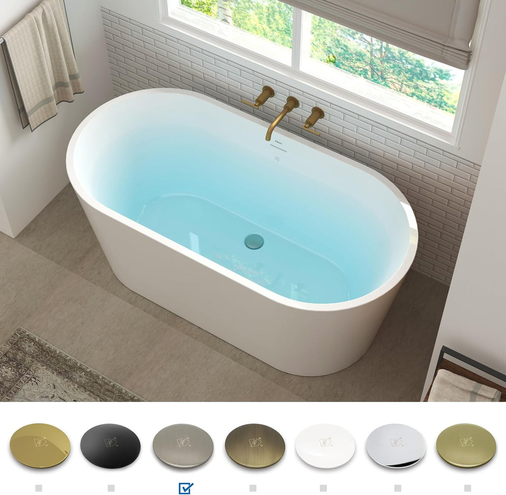 FerdY Shangri-La 55' Acrylic Freestanding Bathtub, Ergonomic Lightweight Classic Oval Soaking Bathtub with Brushed Nickel Drain, Minimalist Linear Design Overflow, Modern White