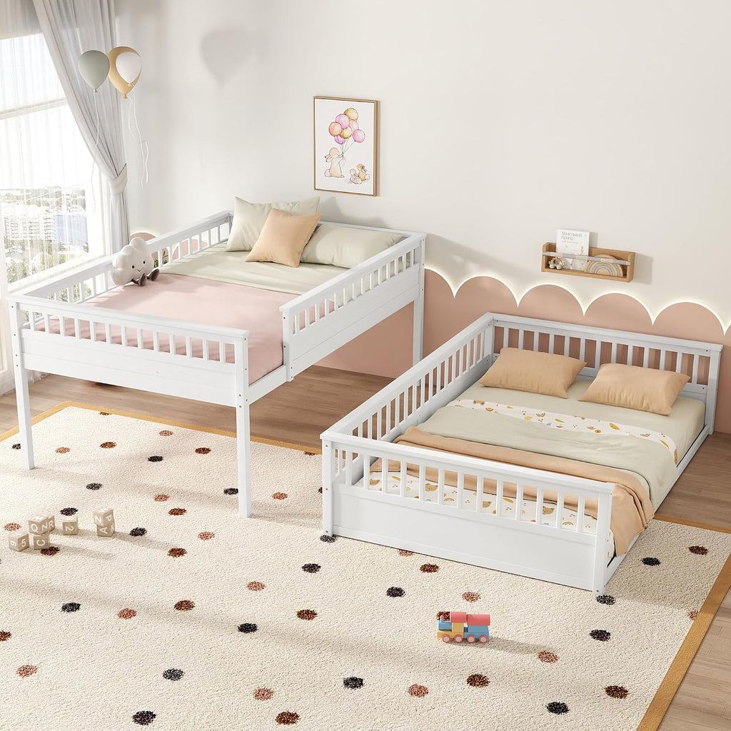 RUNNA Rustic Solid Wood Bunk Bed for Kids Teens with Ladder and Guardrails, Detachable Split Design,No Box Spring Needed (Off White, Queen Over Queen)