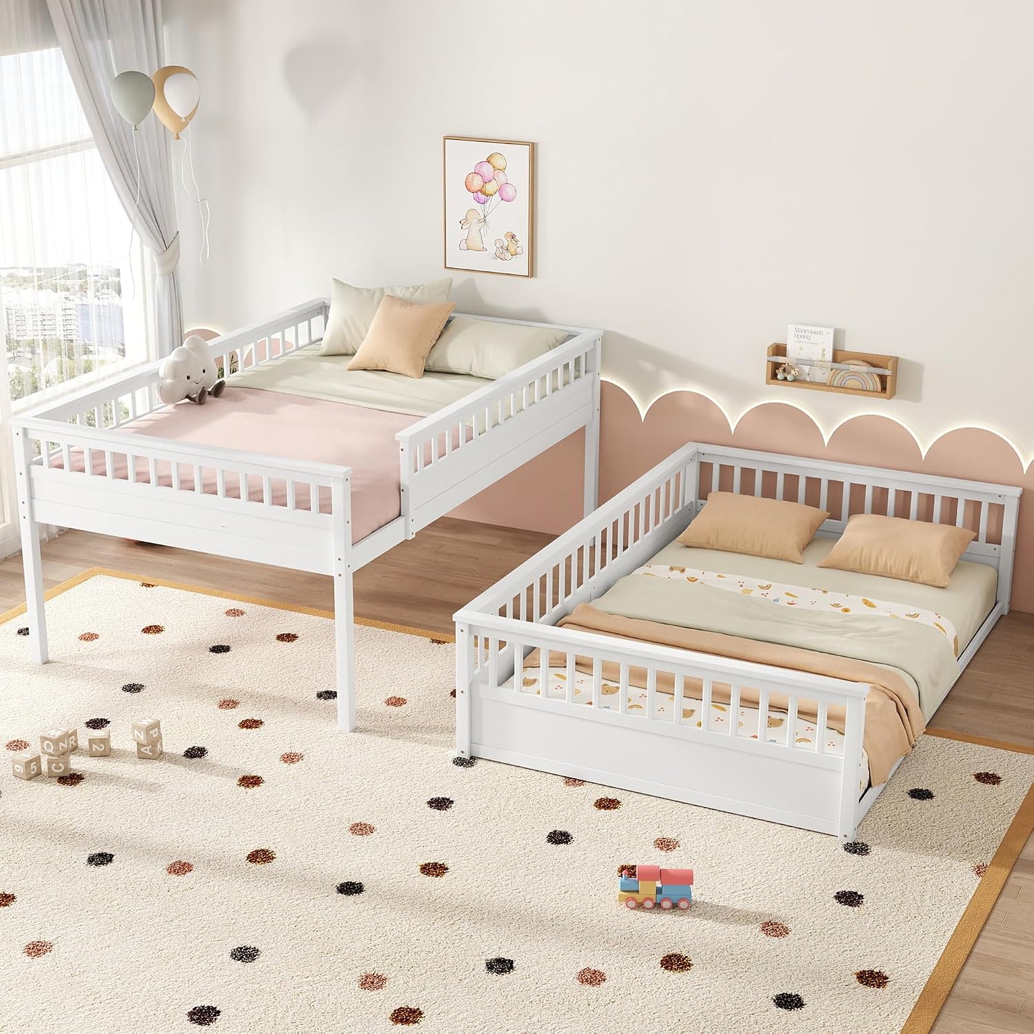 RUNNA Rustic Solid Wood Bunk Bed for Kids Teens with Ladder and Guardrails, Detachable Split Design,No Box Spring Needed (Off White, Queen Over Queen)