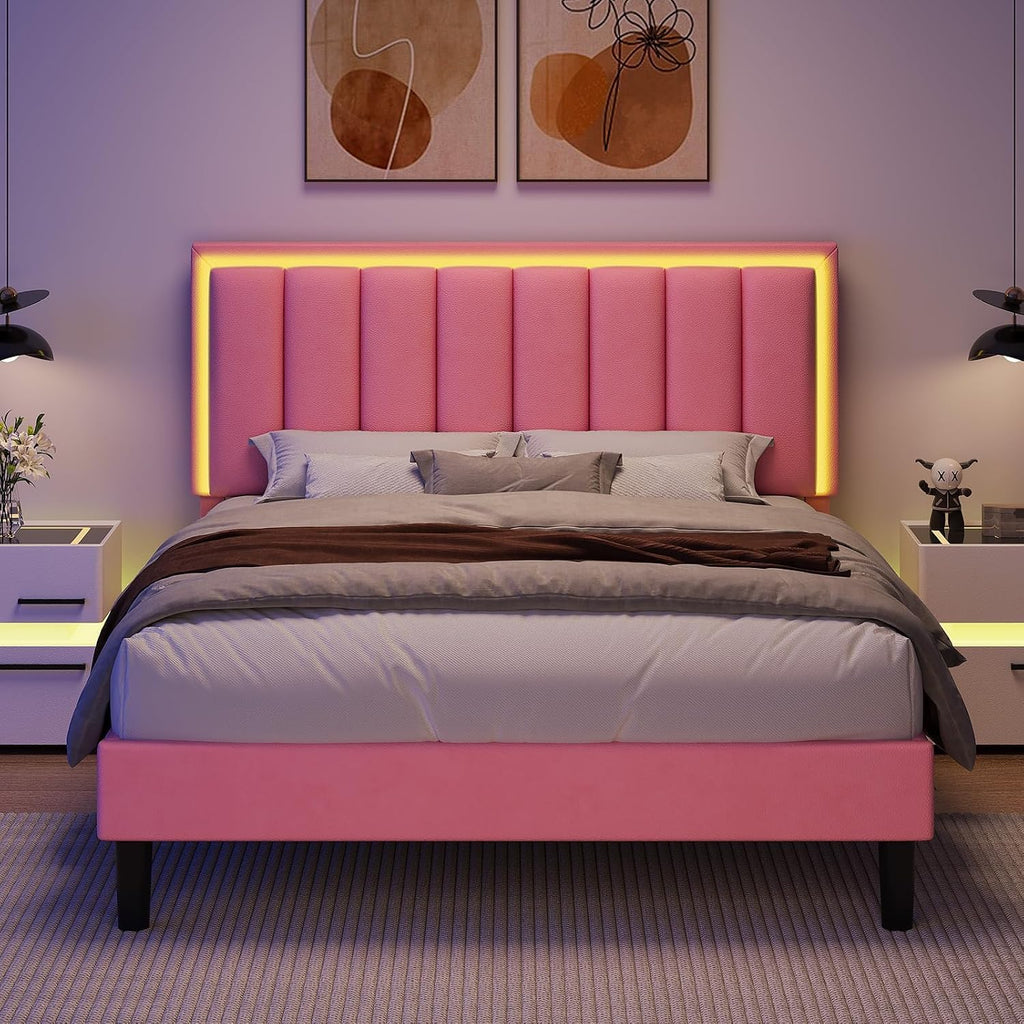 IMMERSTABLE Full Size Bed Frame with RGB LED Lights, Upholstered Platform Bed Frame with Headboard, Wood Slat Support, No Box Spring Needed, Quiet Design, Easy Assembly, Light Pink