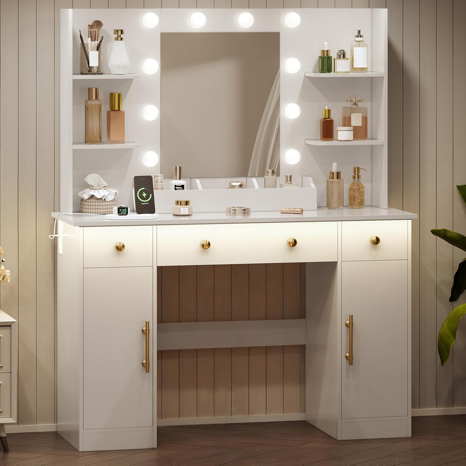 HUANLEGO Vanity Desk with Mirror and Lights, Makeup Vanity with Mirror and LED Lights & Power Outlet, 3 Drawers and Cabinets, 3 Lighting Modes Dressing Table Set for Girls Women Bedroom, White