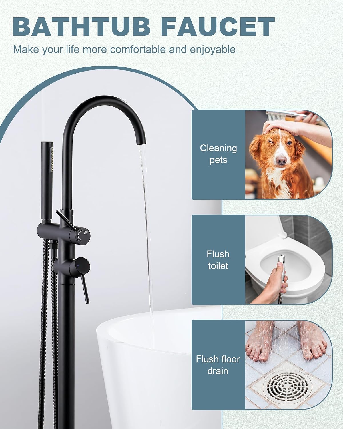 Freestanding Bathtub Faucet Matte Black: Floor Mount Tub Filler, High Flow Brass Shower Faucets with Handheld Sprayer for Bath