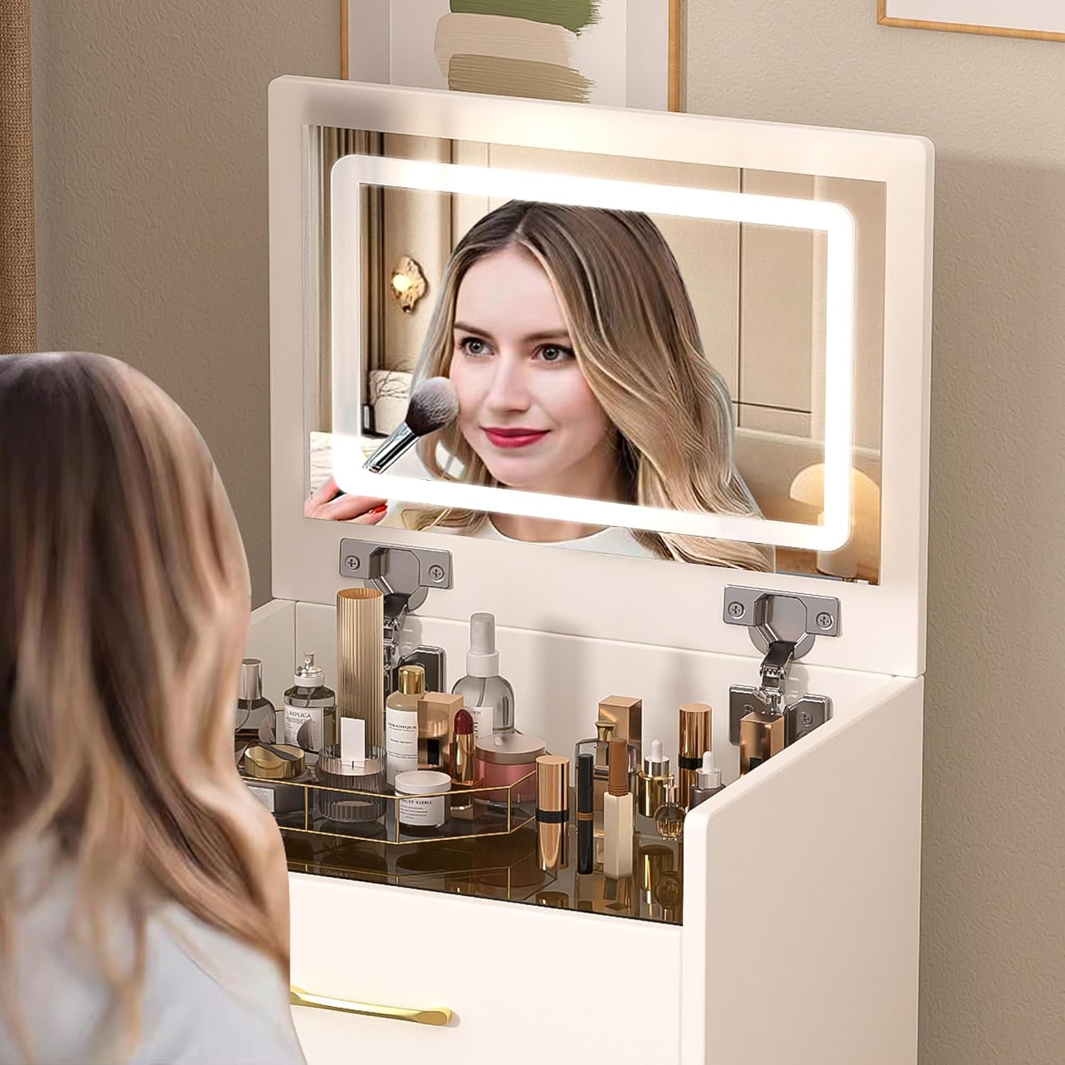 3 in 1 Vanity Desk with Plip Top Mirror and Lights,Small Make Up Vanity Set with Visible Glass Desktop,Compact Makeup Vanity with 3 Drawers,Dressing Table for Bedroom,White