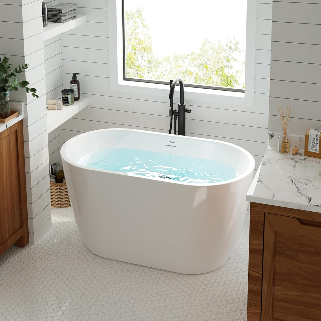 FerdY 47' Bali Acrylic Freestanding Bathtub, Gracefully Shaped Freestanding Soaking Bathtub, cUPC Certified, Toe-Tap Brushed Nickle Drain and Minimalist Linear Design Overflow Included