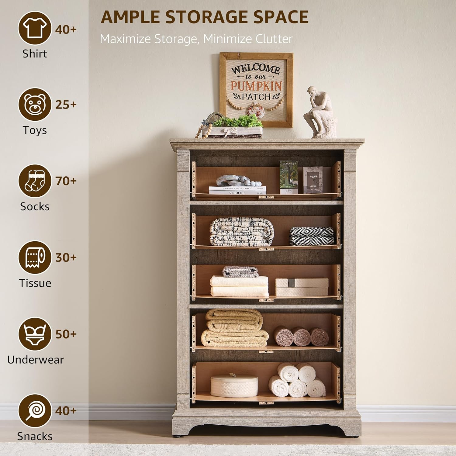 T4TREAM Farmhouse 5 Drawers Dresser for Bedroom, 47' Tall Wood Rustic Chest of Drawers, Vintage Design with Metal Handle, Light Rustic Oak
