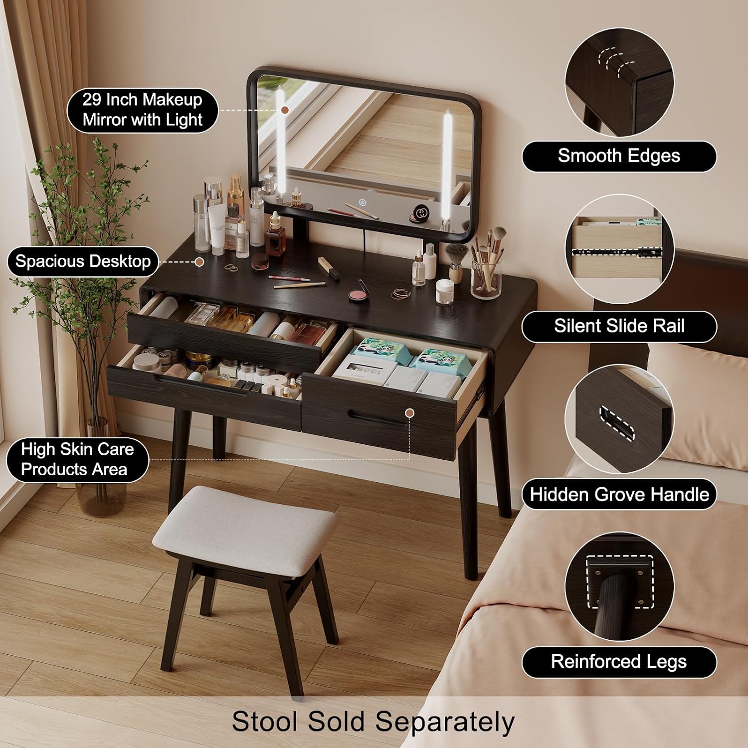 Solid Wood Vanity with Mirror and Lights, Adjustable Brightness, Wood Makeup Vanity with 3 Drawers, Semi-Assembled, Vanity Desk for Bedroom (Black)