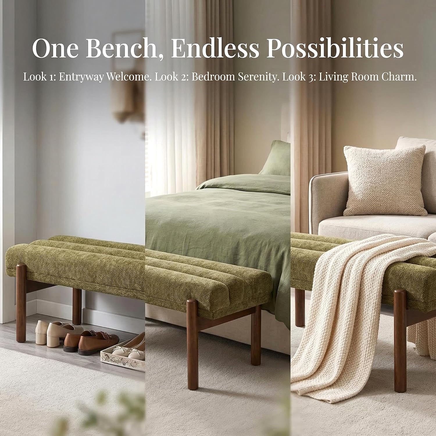 ROCITY Green Upholstered Bench Modern End of Bed Bench Chenille Fabric Bedroom Bench for Entryway Living Room Vanity Makeup Room, 47' Long, Wooden Legs