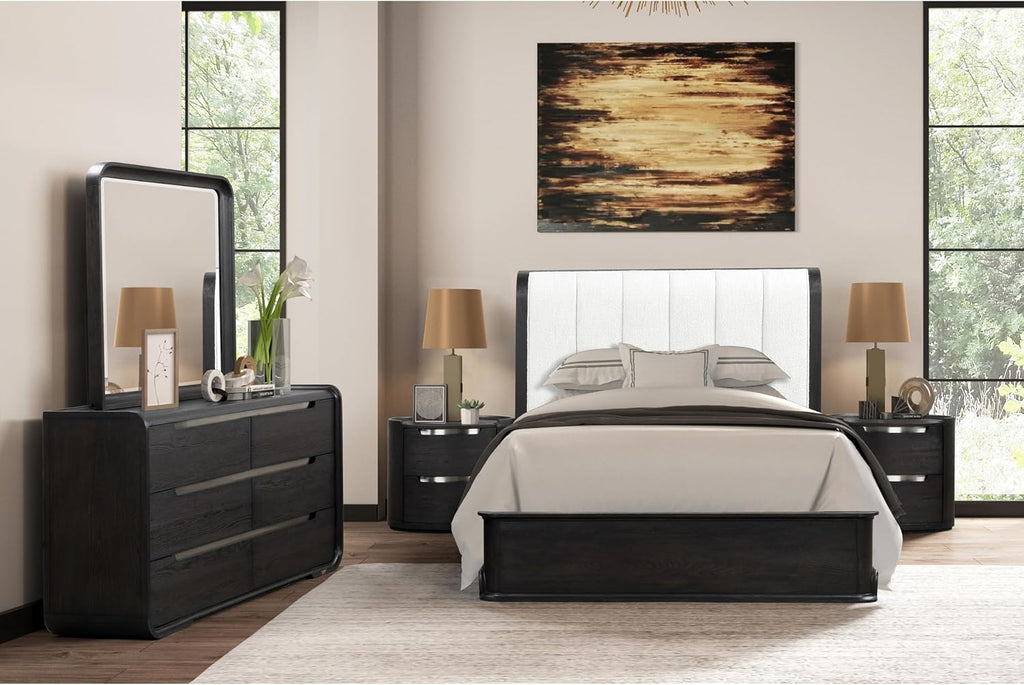 Furniture of America Teada Modern Wood 5-Piece Bedroom Set with Padded Curved Headboard, Oval Nightstand, Felt-Lined Top and UV-Stained Lower Drawers, Box Spring Needed, Queen, Black