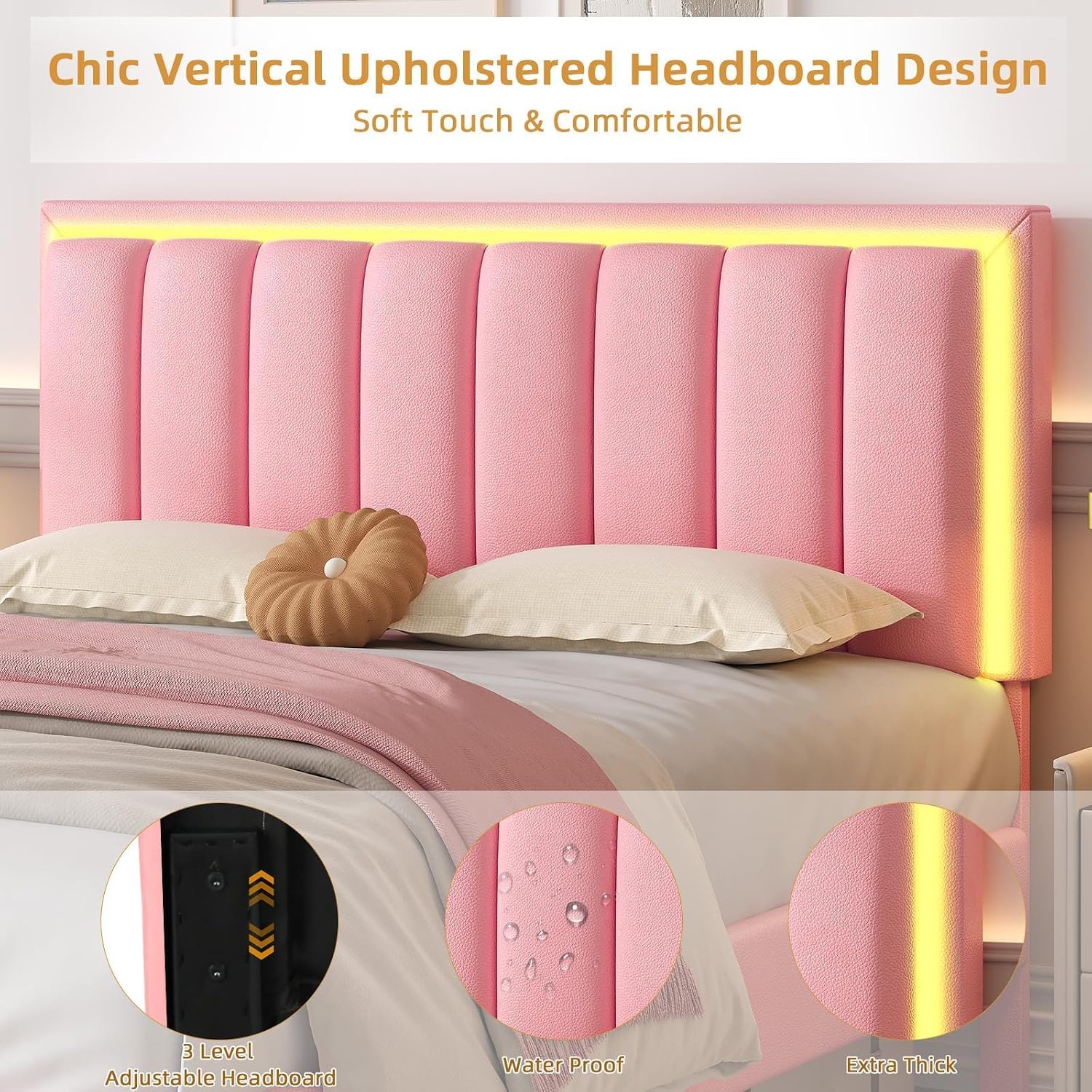 IMMERSTABLE Full Size Bed Frame with RGB LED Lights, Upholstered Platform Bed Frame with Headboard, Wood Slat Support, No Box Spring Needed, Quiet Design, Easy Assembly, Light Pink