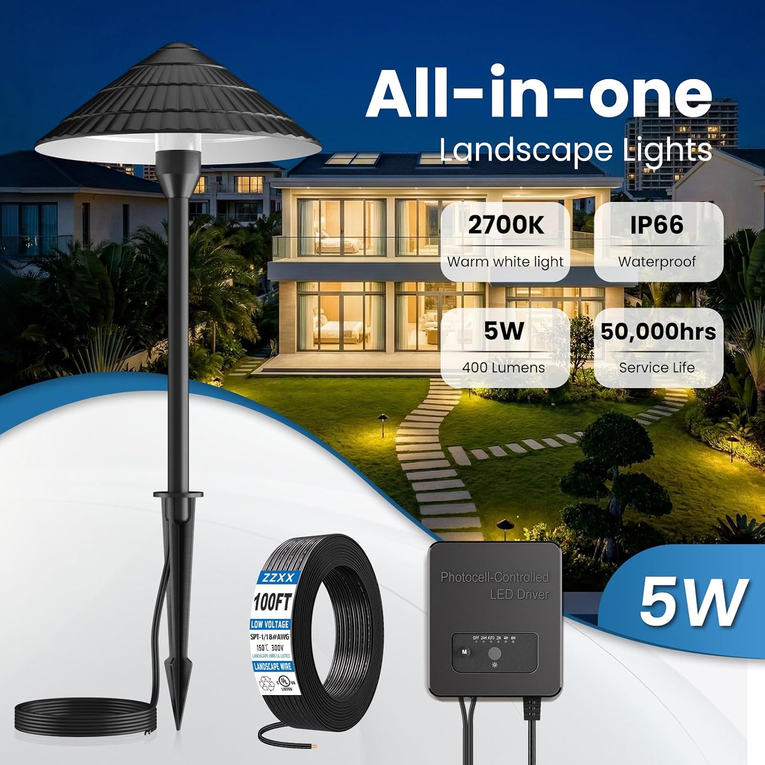 ZZXX All-in-One Low Voltage Landscape Lighting Kit 12-Pathway Lights with 96W Transformer, 5W LED Landscape Lighting Low Voltage 12-24V,IP66 Waterproof Outdoor Lights 2700K for Yard Patio Walkway