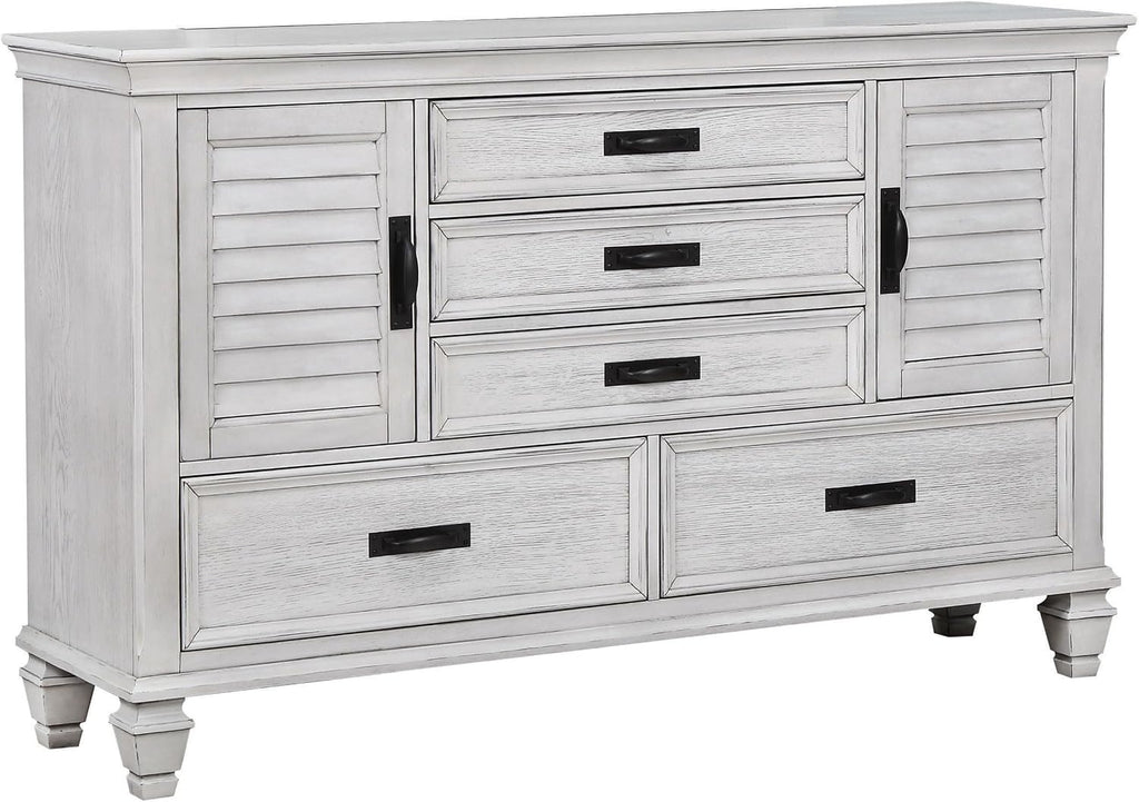 Coaster Home Furnishings Franco Farmhouse 4-Piece Bedroom Set Eastern King Size Panel Bed Frame 57-inch Headboard Distressed White 205331KE-S4