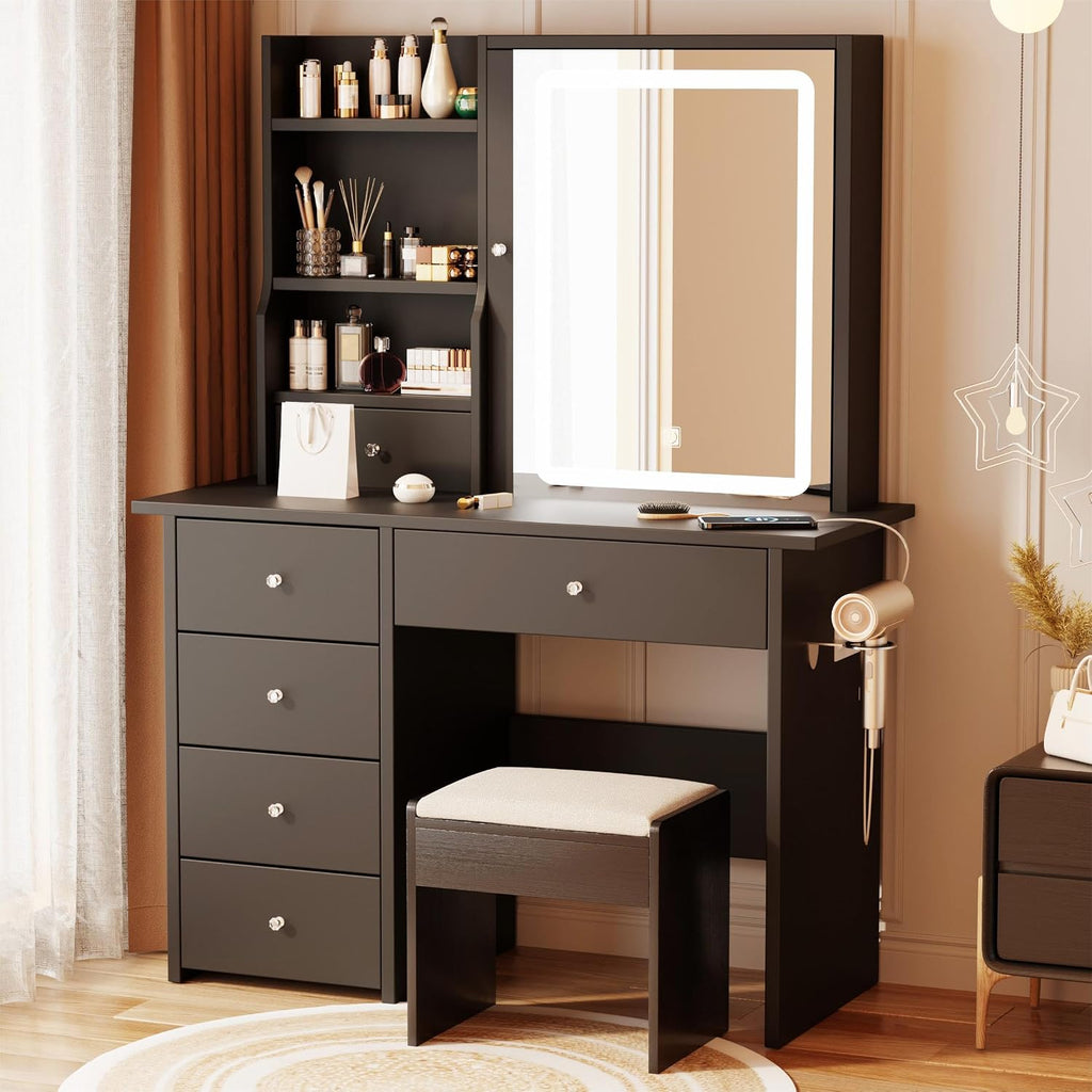 DYHOME Makeup Vanity Desk with LED Lights Mirror 3 Adjustable Modes and Power Outlets, Vanity Table with 6 Drawers Dresser and Bench, Makeup Desk for Bedroom Dressing Room, Black