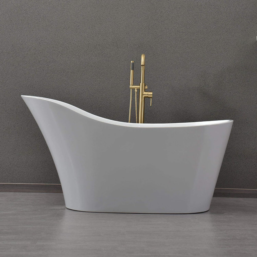 WOODBRIDGE 59' Acrylic Freestanding Bathtub Contemporary Soaking White Tub with Matte Black Overflow and Drain，B0029-MB-Drain&O