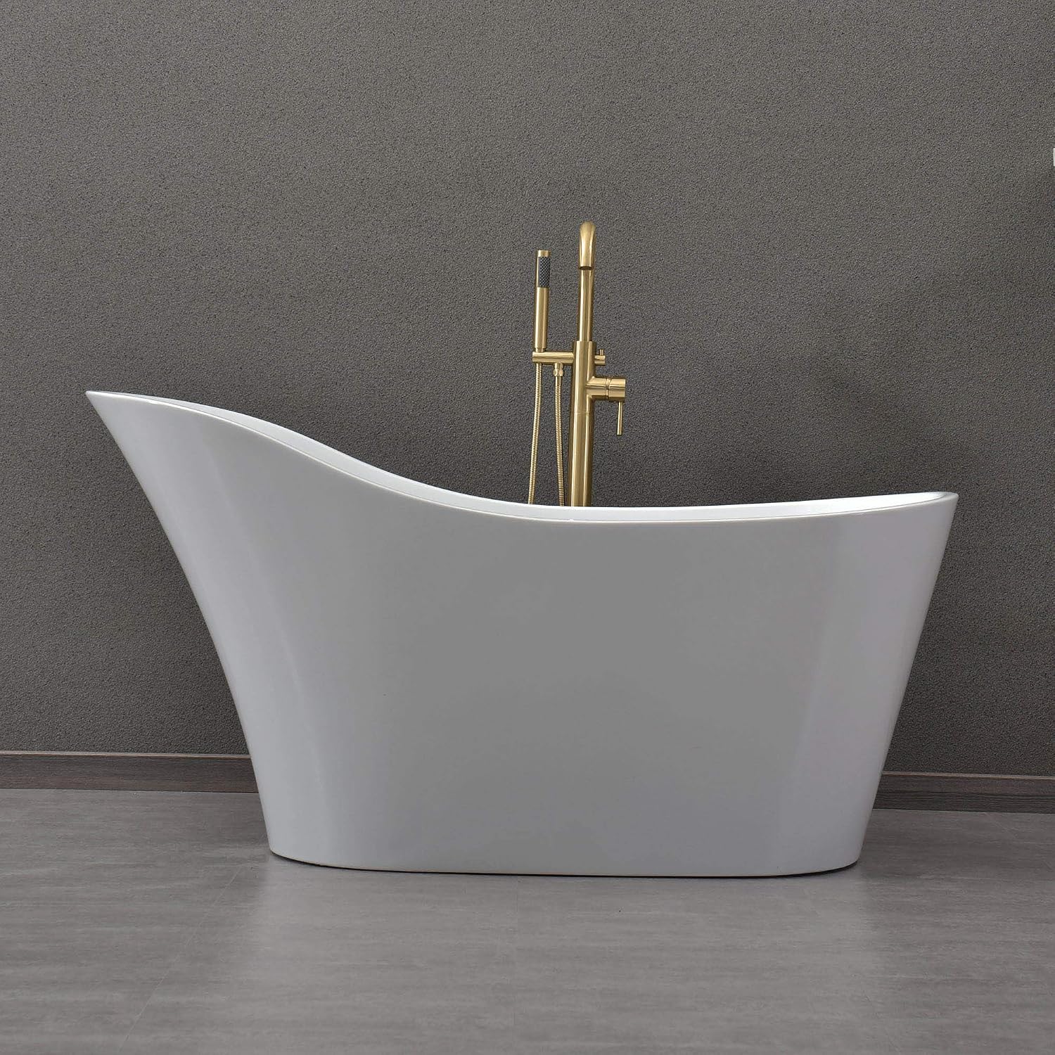 WOODBRIDGE 59' Acrylic Freestanding Bathtub Contemporary Soaking White Tub with Matte Black Overflow and Drain，B0029-MB-Drain&O