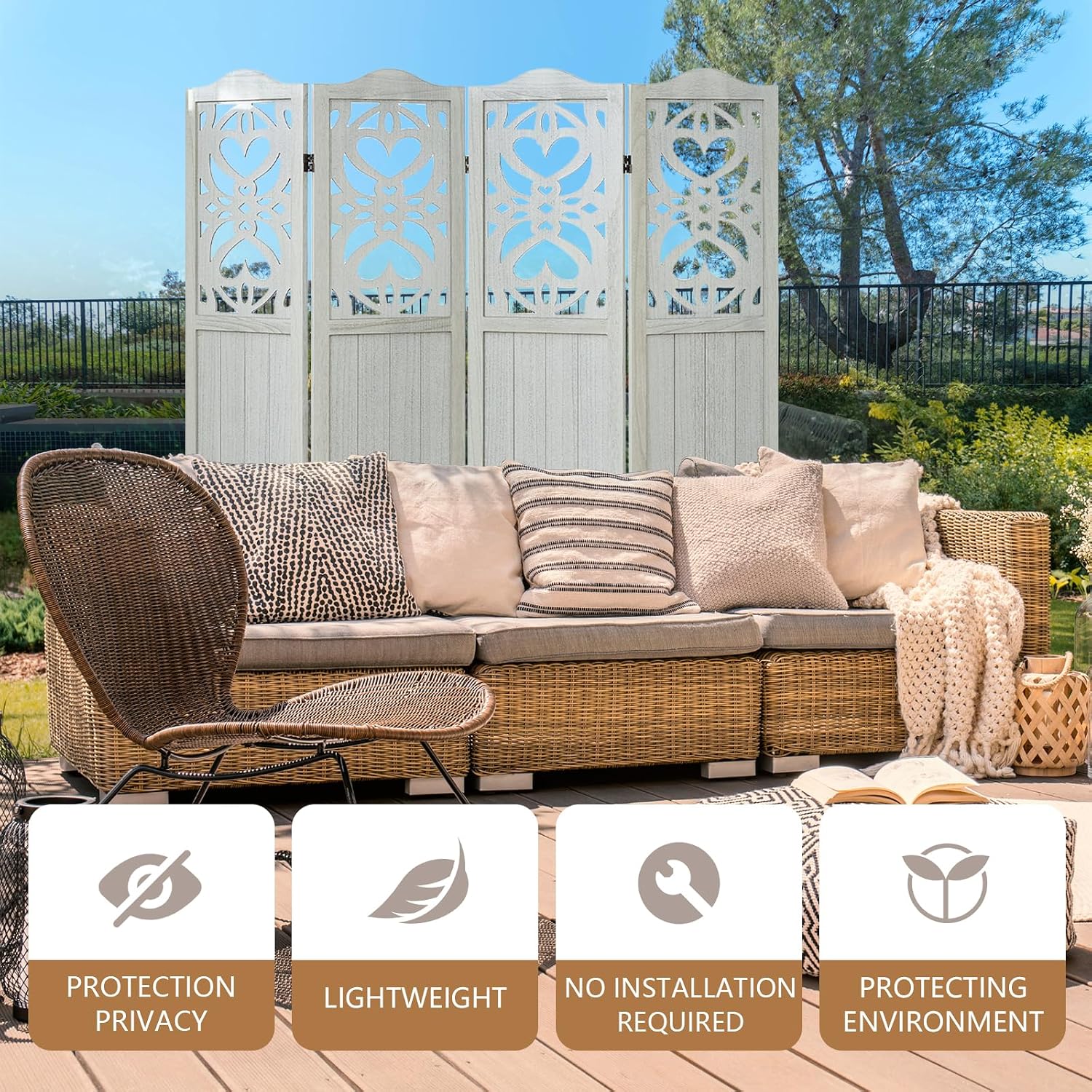 Wood Room Divider 4 Panel 5.6Ft Carved Room Divider and Folding Privacy Screen, Minimalism Portable Partition Screen Divider for Room Separation, Room Decoration for Home Office - White