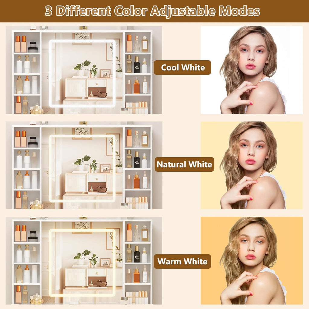 White Vanity Desk with Mirror and Lights, Glass Top Vanity with Lighted Mirror & RGB Cabinet and 3 Drawers, Dressing Table with 8 Shelves, Makeup Desk with Lights for Girls Bedroom, 3 Color Modes