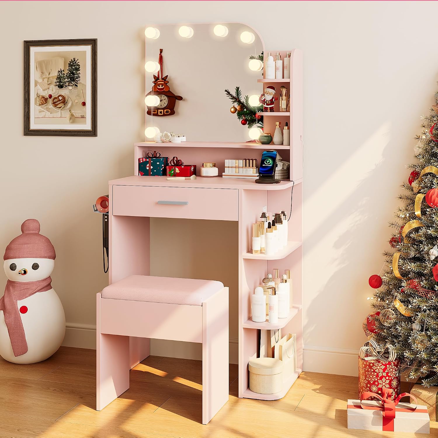 wanan Makeup Vanity with Chair, Small Vanity Desk with Mirror and Lights 3 Colors, Girls Vanity Set with Power Outlet, Compact Vanity Table for Small Space, Pink