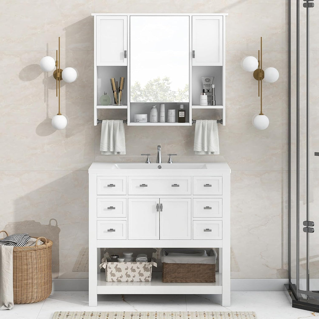 Merax Medicine Cabinet with Mirror, Wall Mount Bathroom Cabinet 35' x 28' Over Toilet Storage Cabinet Organizer with Doors, Open Shelves, and Towel Bars, Mirrored Bathroom Wall Cabinet