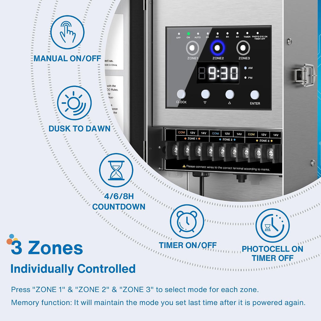 SUNVIE 300W Low Voltage Landscape Transformer 3 Zone Independent Control Outdoor Low Voltage Transformer with Timer & Photocell Sensor 120V AC to 12V/14V AC Waterproof Landscape Lighting Transformer