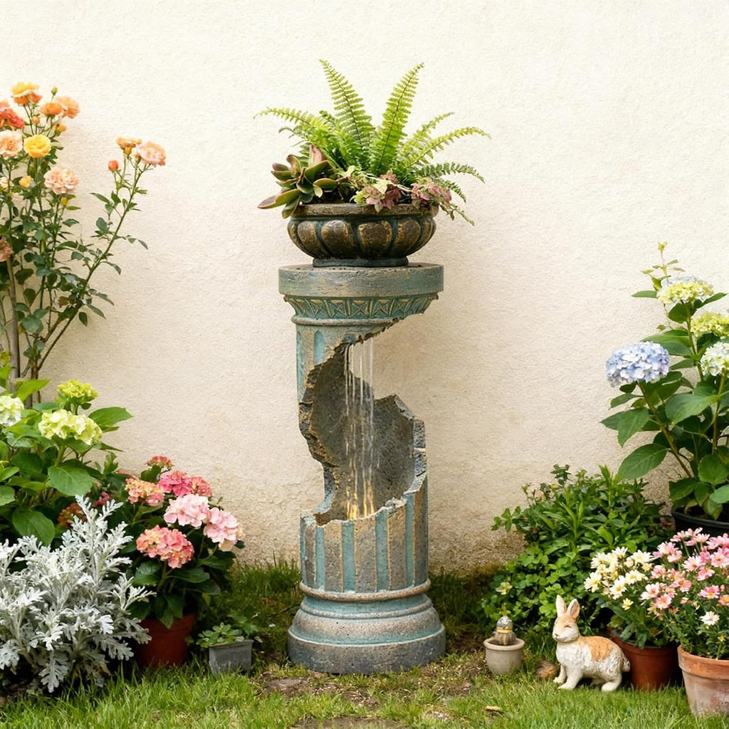 Sunlinua Outdoor Water Fountain with LED Light, Modern Spiral Tiered Outdoor Fountain with Stone Planter Curved Freestanding Waterfall Fountains for Garden Patio Deck Porch Gold