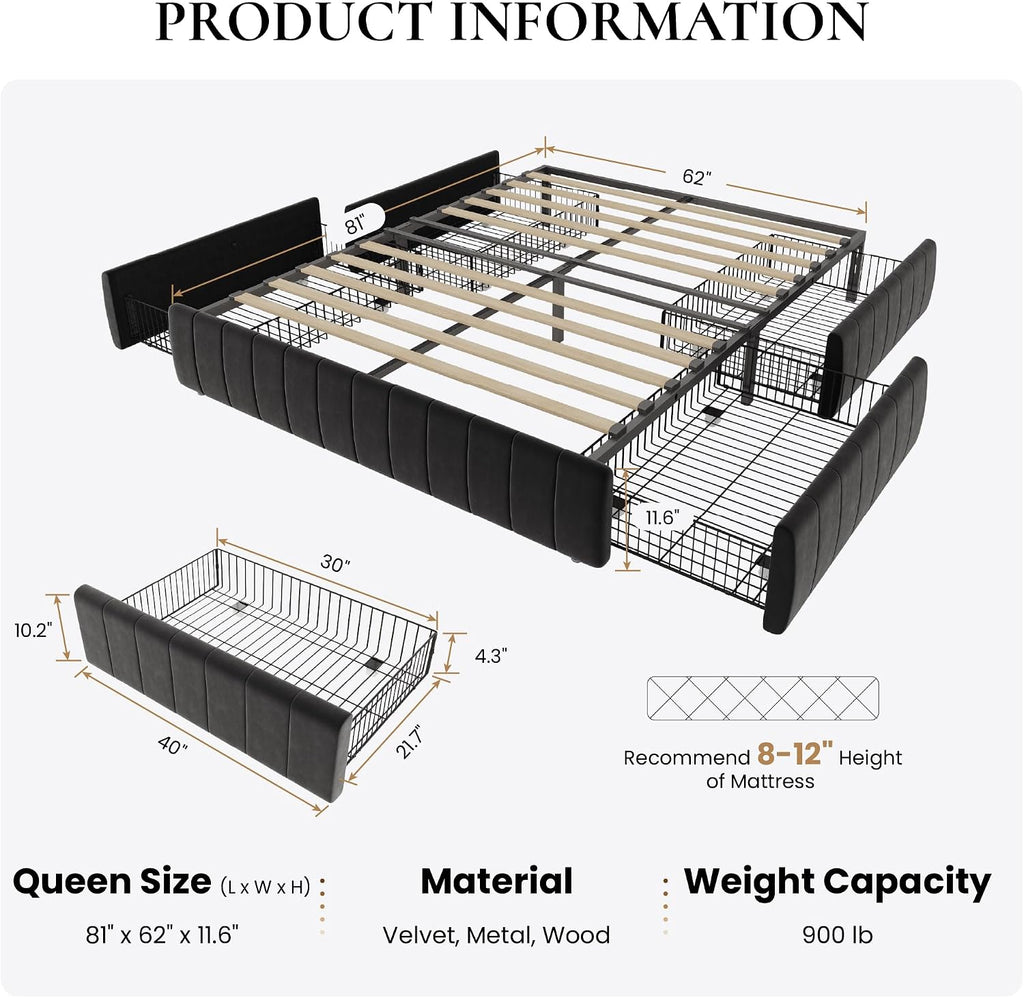 SHA CERLIN Queen Size Velvet Upholstered Platform Bed Frame with 4 Storage Drawers, Vertical Channel Tufted, Low Profile, Fits Standard Headboards, Wooden Slats Support, Easy Assembly, Black