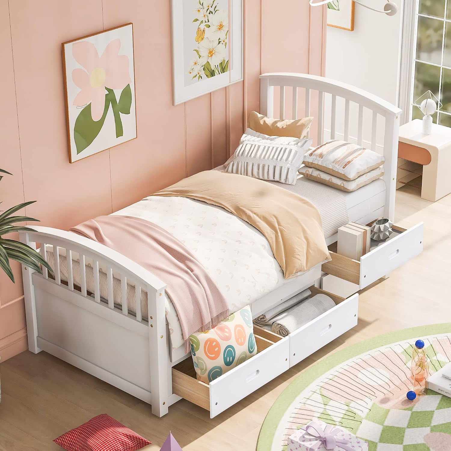 SOFTSEA Twin Captain Bed for Kids, Solid Wood Storage Bed with 6 Drawers, No Box Spring Needed, White