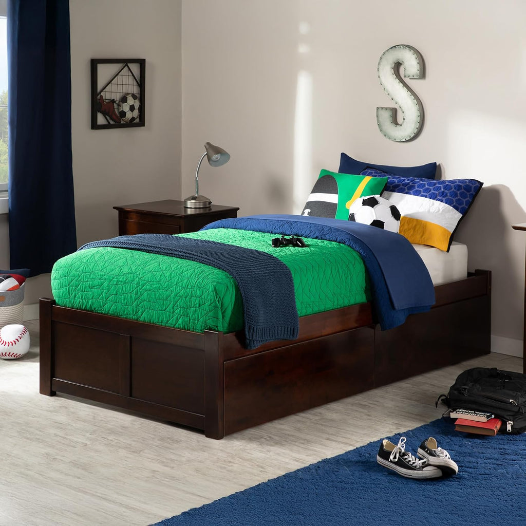 AFI Concord Twin XL Size Platform Bed with Footboard & Storage Drawers in Walnut