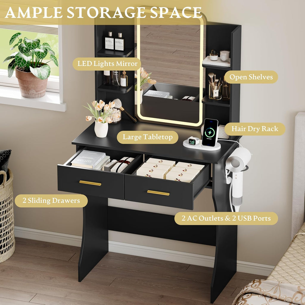 Vanity Desk with LED Lights Mirror & Power Outlet, Small Makeup Vanity Table Set with Storage Drawers, 3 Lighting Modes & Adjustable Brightness, Dressing Table for Women Girls Bedroom, Black(NO Stool)