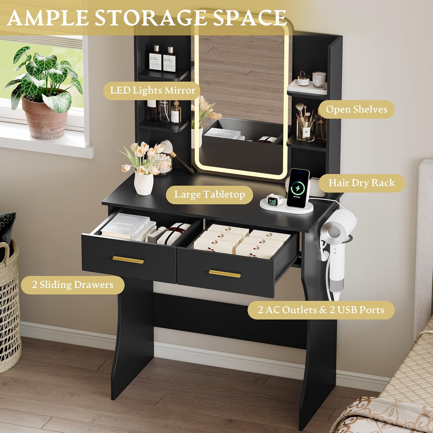 Vanity Desk with LED Lights Mirror & Power Outlet, Small Makeup Vanity Table Set with Storage Drawers, 3 Lighting Modes & Adjustable Brightness, Dressing Table for Women Girls Bedroom, Black(NO Stool)