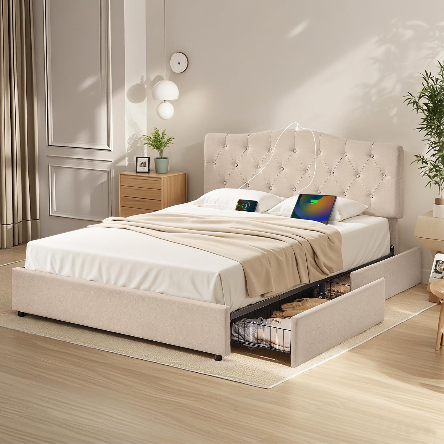 VECELO Queen Size Platform Bed Frame with 4 Storage Drawers,Fabric Upholstered Headboard and Wooden Slats Support,Built-in USB and Type C Ports, No Box Spring Needed,Easy Assembly