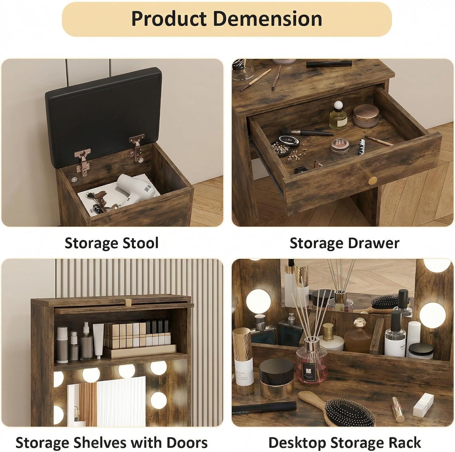 ARTETHYS Small Vanity Desk with Mirror and Lights Rustic Small Makeup Vanity with Storage Chair Mini Makeup Table Set for Bedroom Compact Dressing Table with RGB Lights for Tiny Space