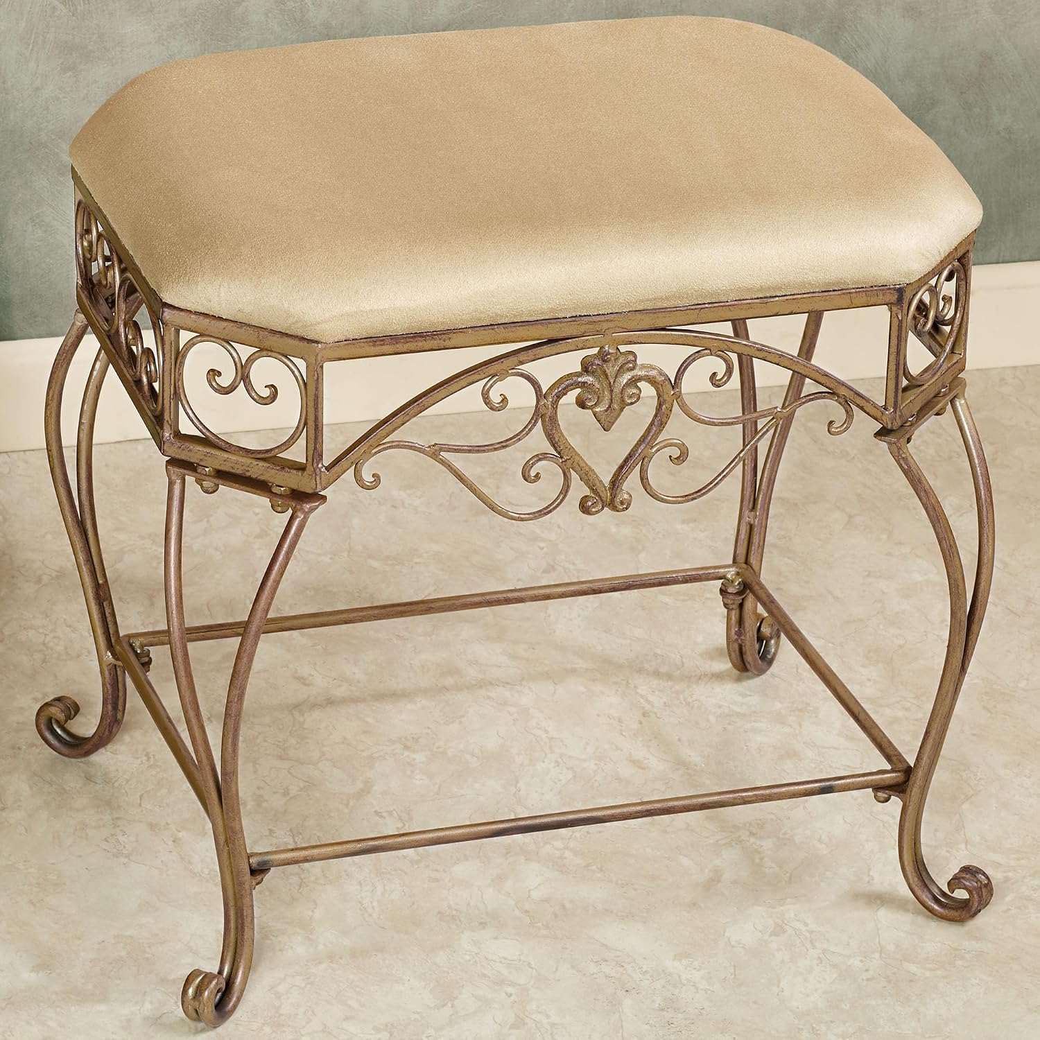 Touch of Class Aldabella Traditional Upholstered Vanity Bench | Satin Gold | Cushion is Polyester | Made of Metal | Painted by Hand | Elegant Accent Furniture for Bedroom, Bathroom, Living Room