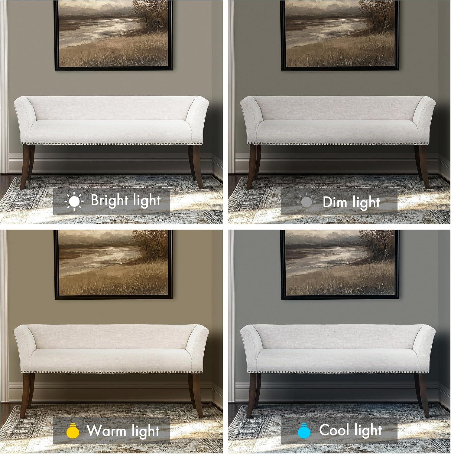 Madison Park Accent Bench for Living Room, Upholstered with Nailhead Trim, & Padded Seat Entryway Bench Small, End of Bed Bench with Back, 49.5' W x 19.25' D x 23' H, White Cream