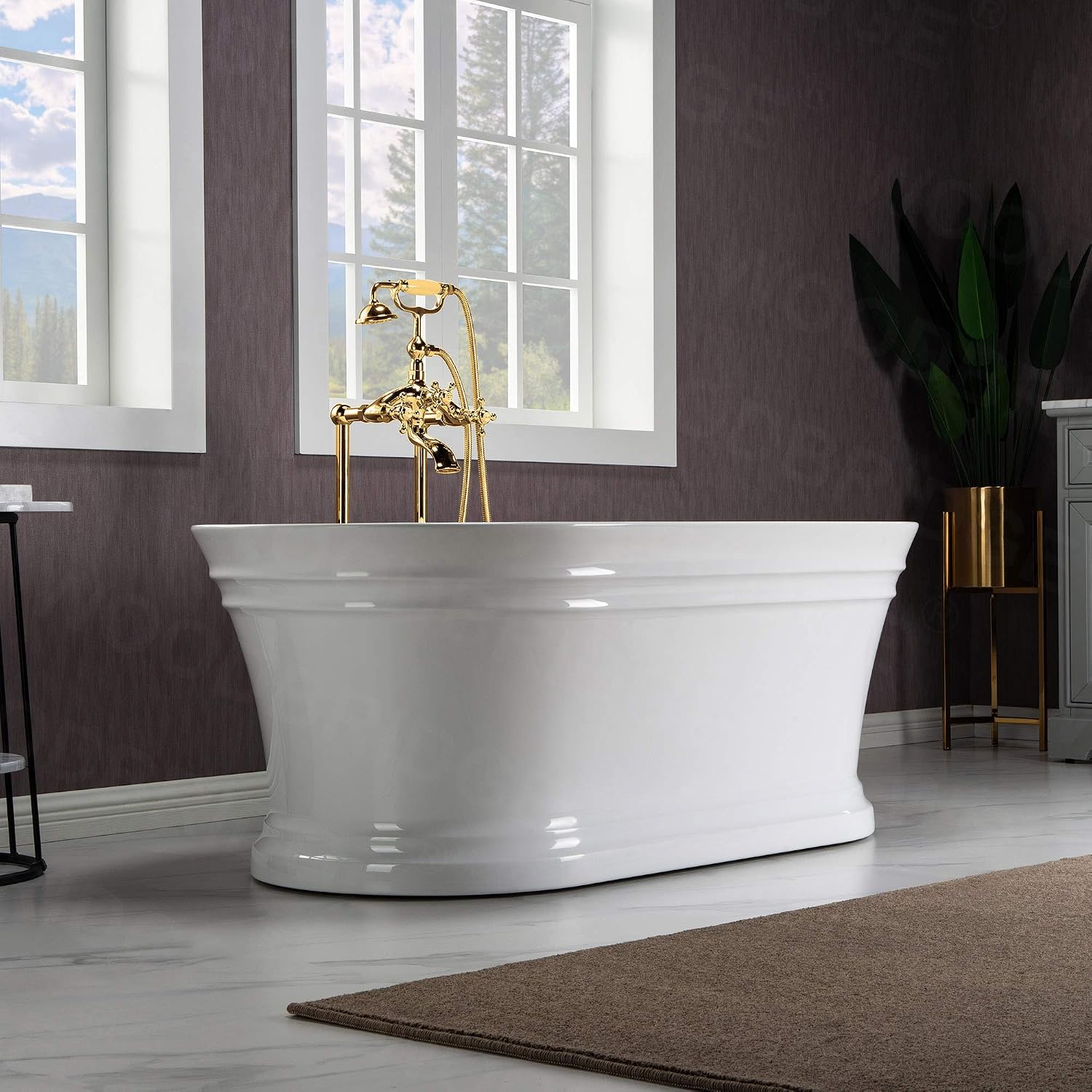 WOODBRIDGE 59'Freestanding White Acylic Soaking Bathtub with White Pillow,Drain and Overflow inBrushed Gold,BTA1536 -BG-Drain &O+ Pillow