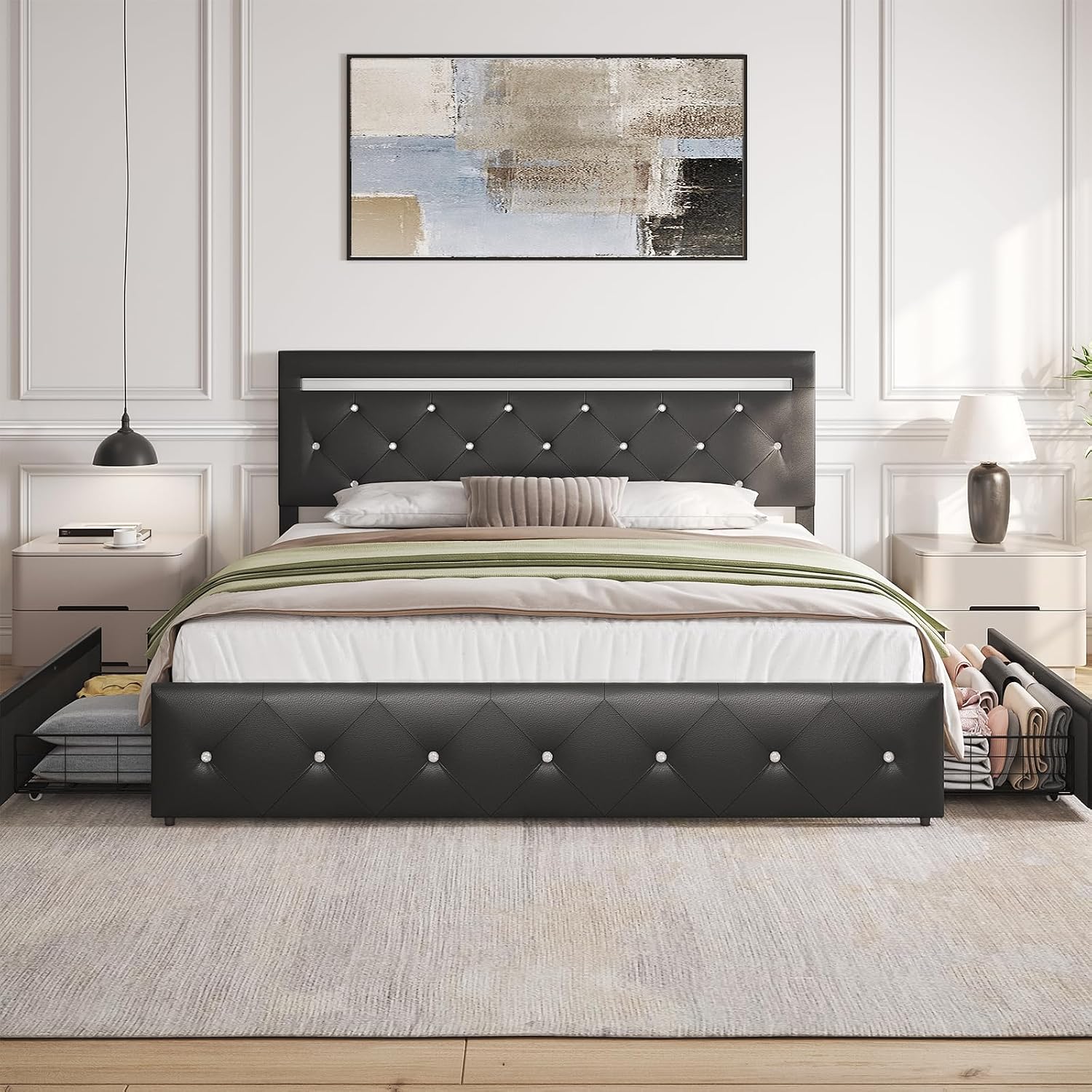 Benevika Full Size Bed Frame with 4 Drawers and Charge Station, PU Leather Upholstered Bed with Adjustable LED Headboard, Wooden Slats Support, No Box Spring Needed, Black