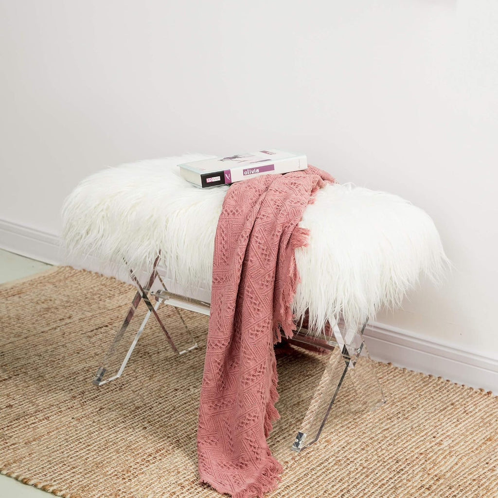 Glitzhome White Faux Fur Ottoman Bench, Modern Ottoman Footrest Stool Vanity Stool with Acrylic Legs Accent Bench for Entryway Living Room Bedroom, 25.5' L