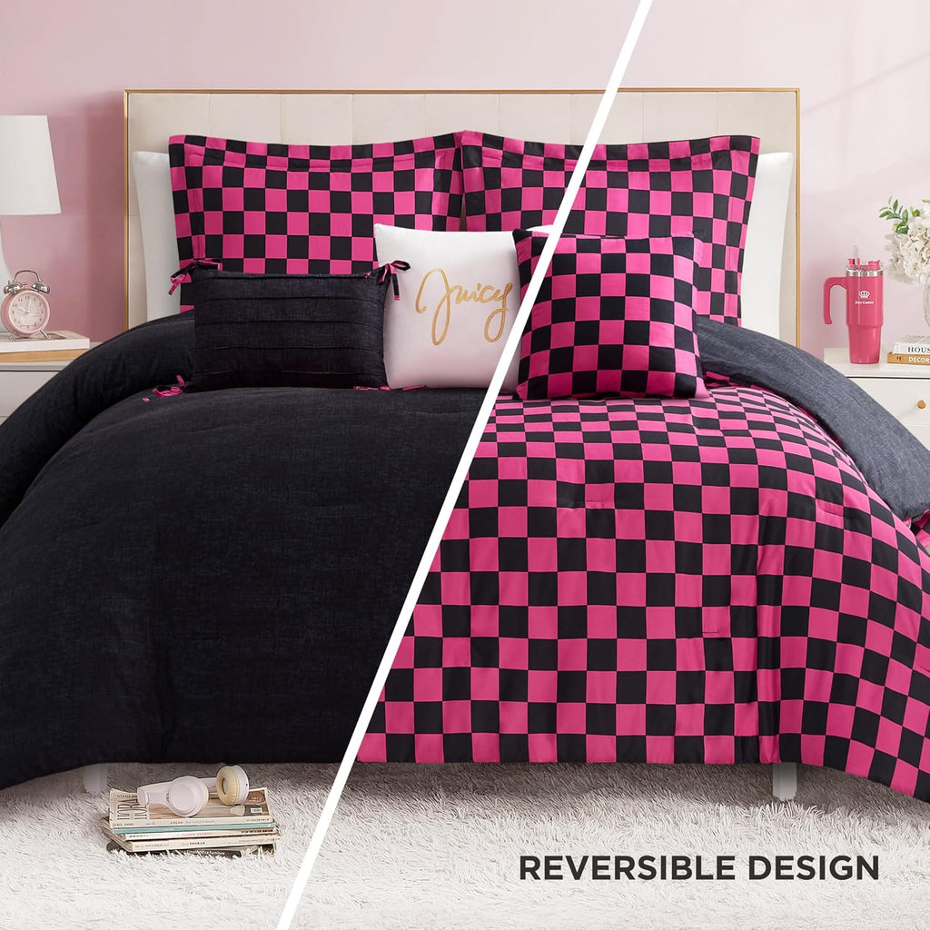 Juicy Couture Reversible Checkerboard Comforter Set 6-Piece King Set, Black/Hot Pink
