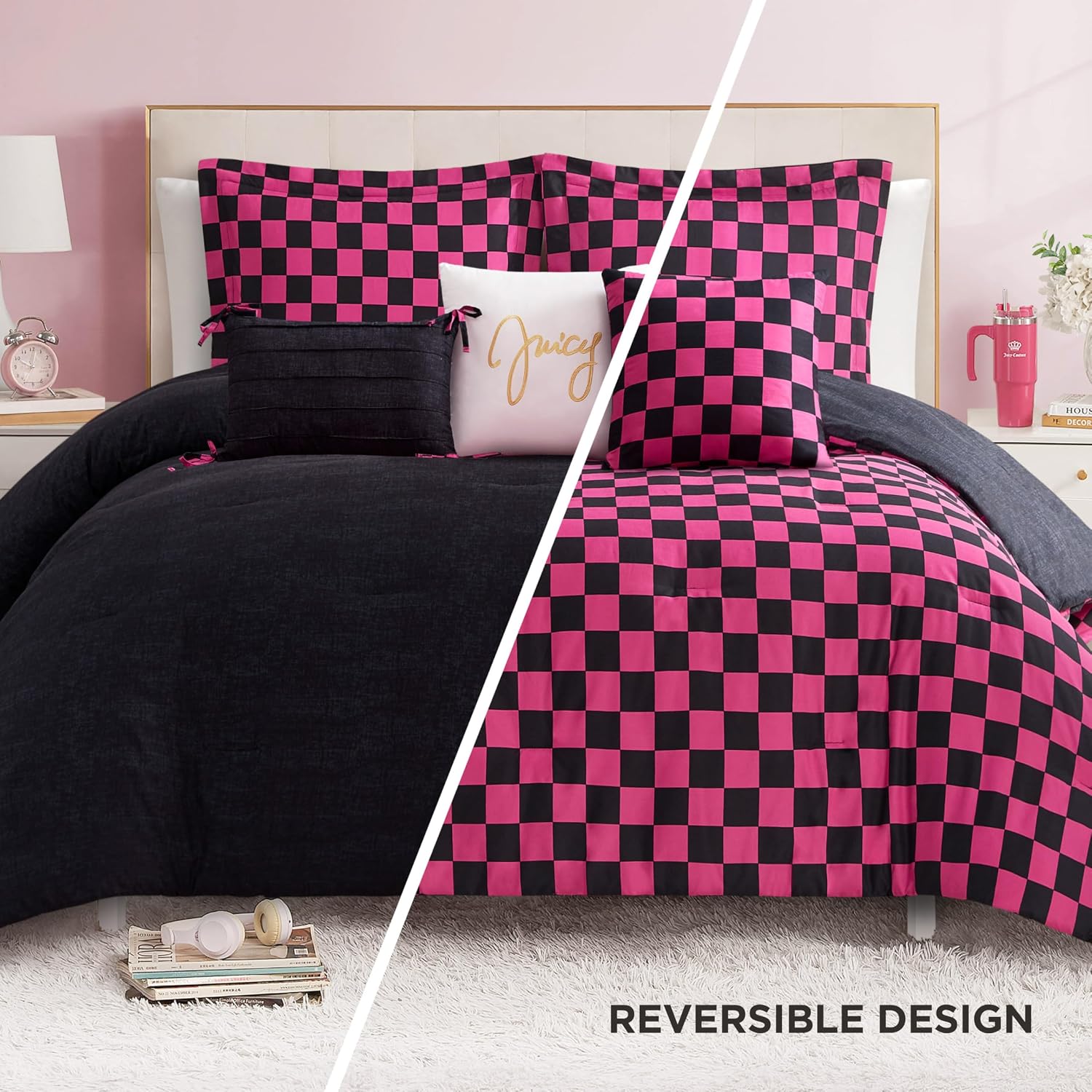 Juicy Couture Reversible Checkerboard Comforter Set 6-Piece King Set, Black/Hot Pink