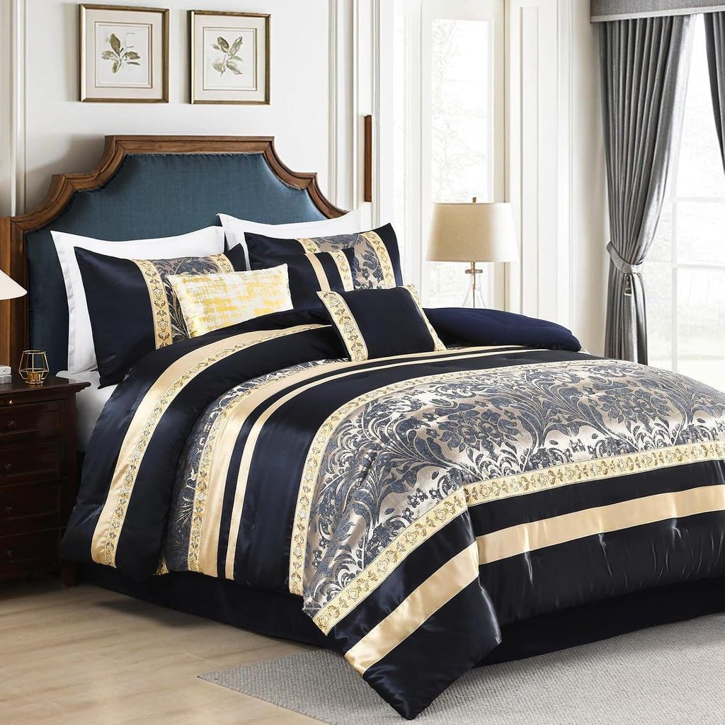 SahSahCasa 7-Piece Luxury California King Comforter Set, Cal King Comforter, Bed in a Bag California King, Jacquard Fluffy Comforter Bedding Set with Bedskirt, Pillows, Down-Alternative, Navy/Gold