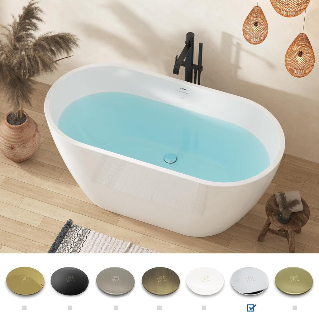 FerdY Nauru 55' Acrylic Freestanding Bathtub, Gracefully Shaped Freestanding Soaking Bathtub, Glossy White cUPC Certified, Toe-Tap Chrome Drain and Classic Slotted Overflow Included