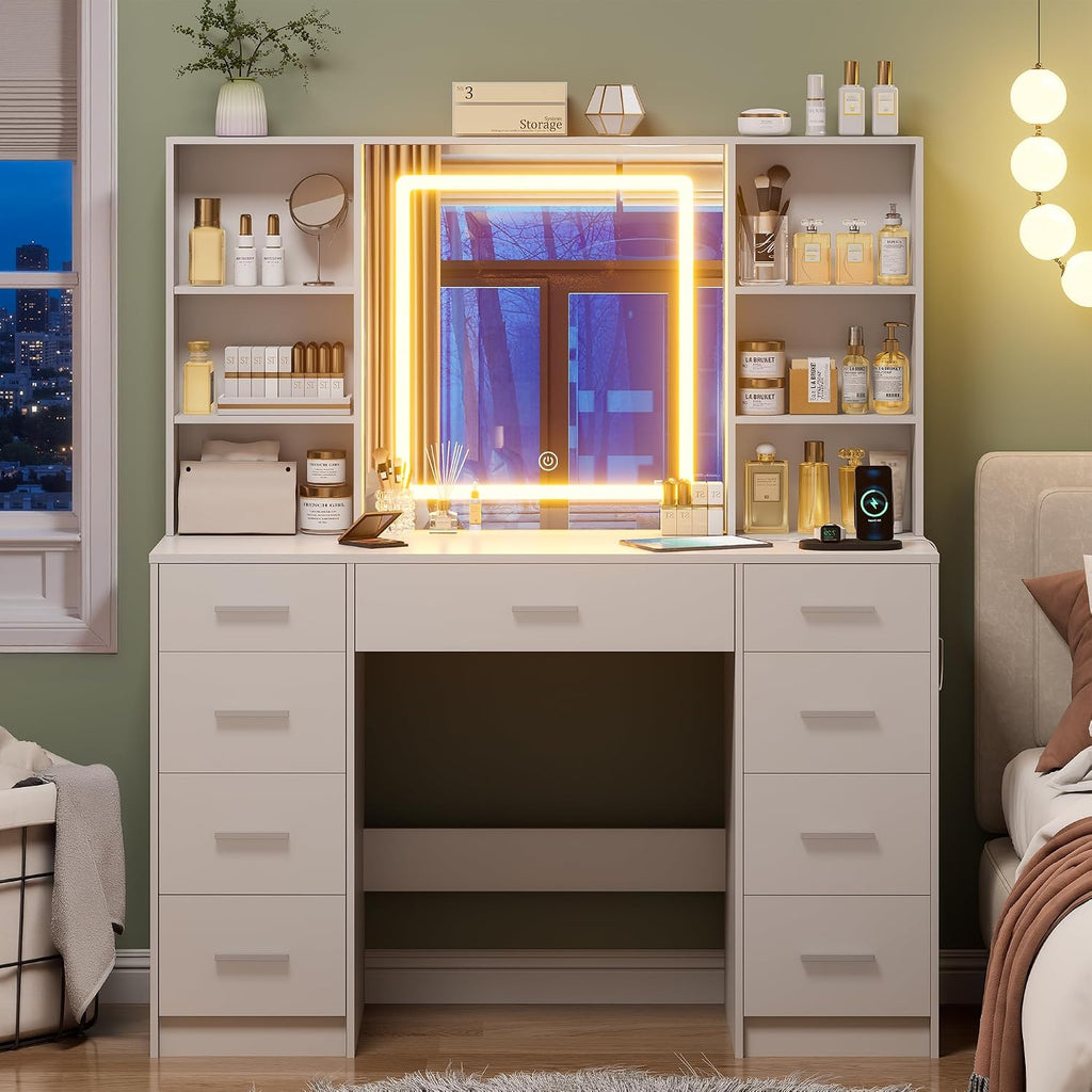 Vanity Desk with Mirror and Lights, Makeup Vanity Desk with 9 Drawers & 6 Shelves, Make up Vanity, Dressing Table with Touch Screen Mirror & Power Outlet, White Vanity for Girls Women, Bedroom