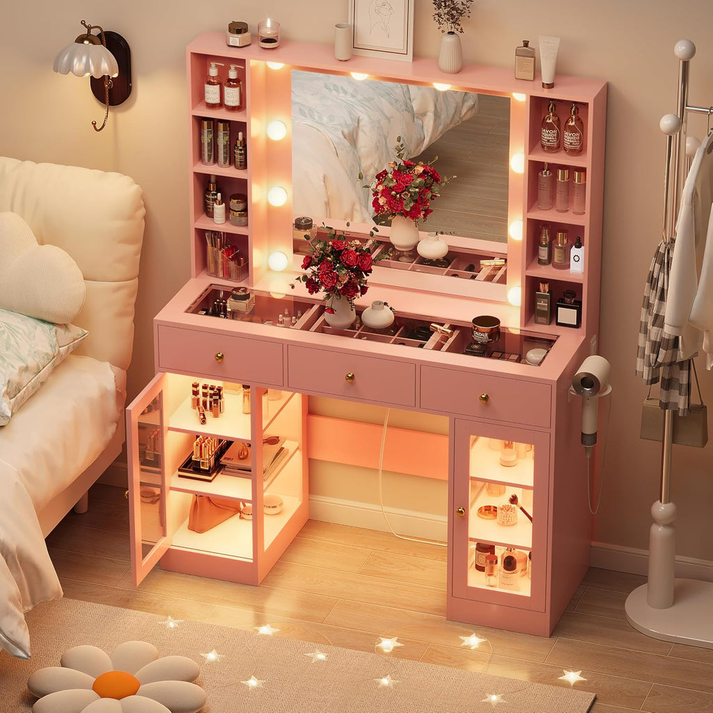 HUANLEGO Pink Vanity Desk with Mirror and Lights, Glass Top Vanity with Lighted Mirror & RGB Glass Cabinet and 3 Drawers, Makeup Vanity Desk with Lights Dressing Table for Bedroom, 3 Color Modes